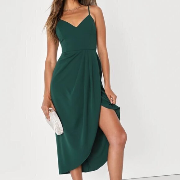 Lulus Dresses & Skirts - Lulus Dark Green Reinette Midi High Low Wrap Dress size Small Wedding Guest